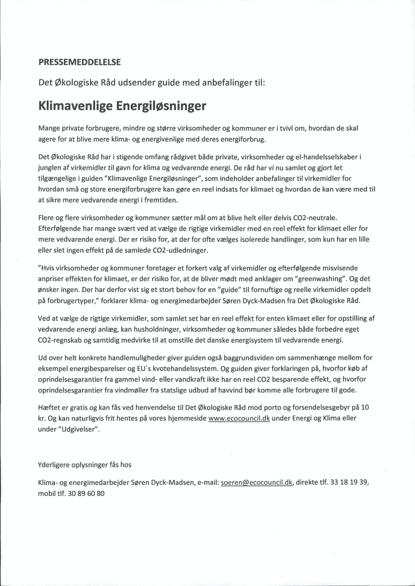 lyserød nå Gemme EPU, Alm.del - 2010-11 (1. samling) - Bilag 14: Pressemeddelelse fra Det  Økologiske Råd: Klimavenlige Energiløsninger